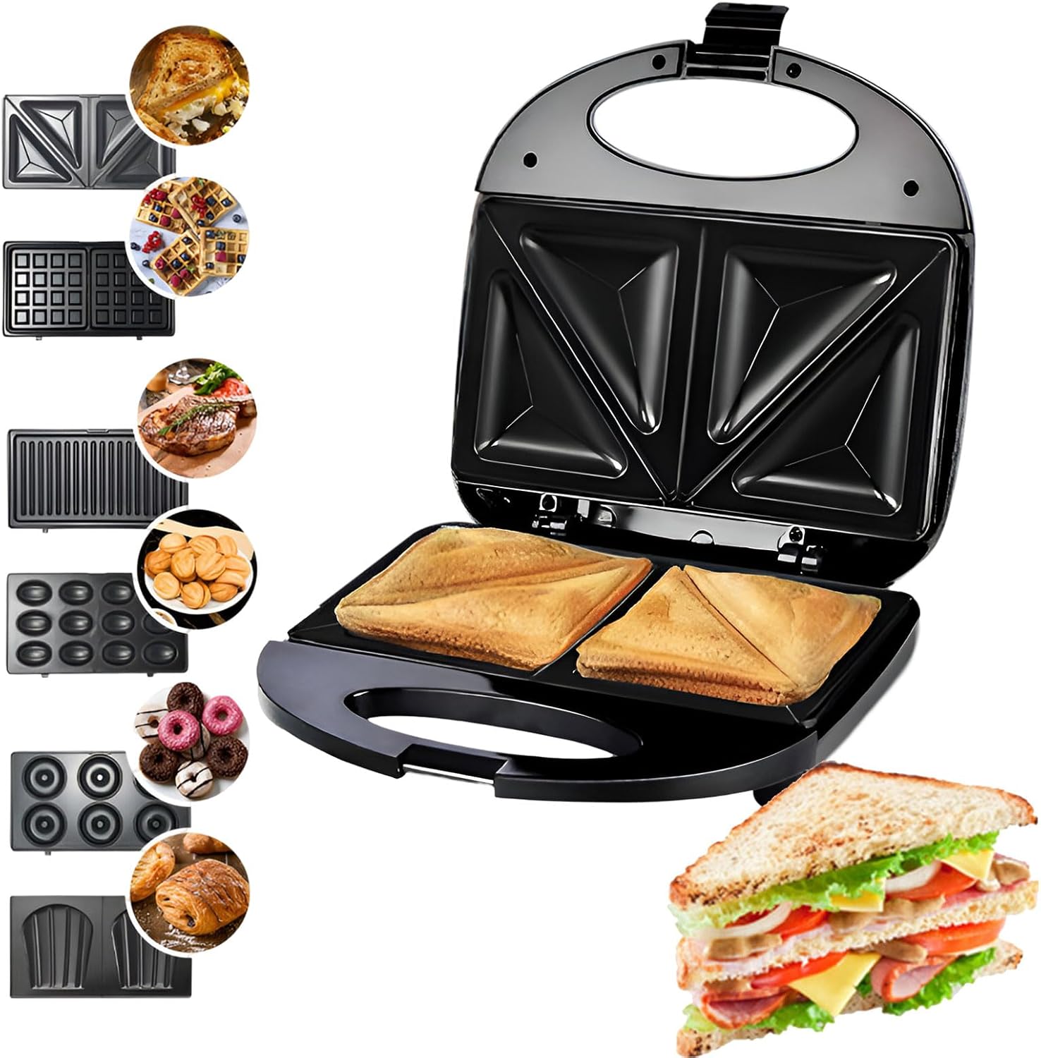 AIZYR Waffle Maker 6 in 1 Electric Sandwich Maker with Removable Plates, Grilled Cheese Maker Non-Stick Surface for Cooking Breakfast, Snack