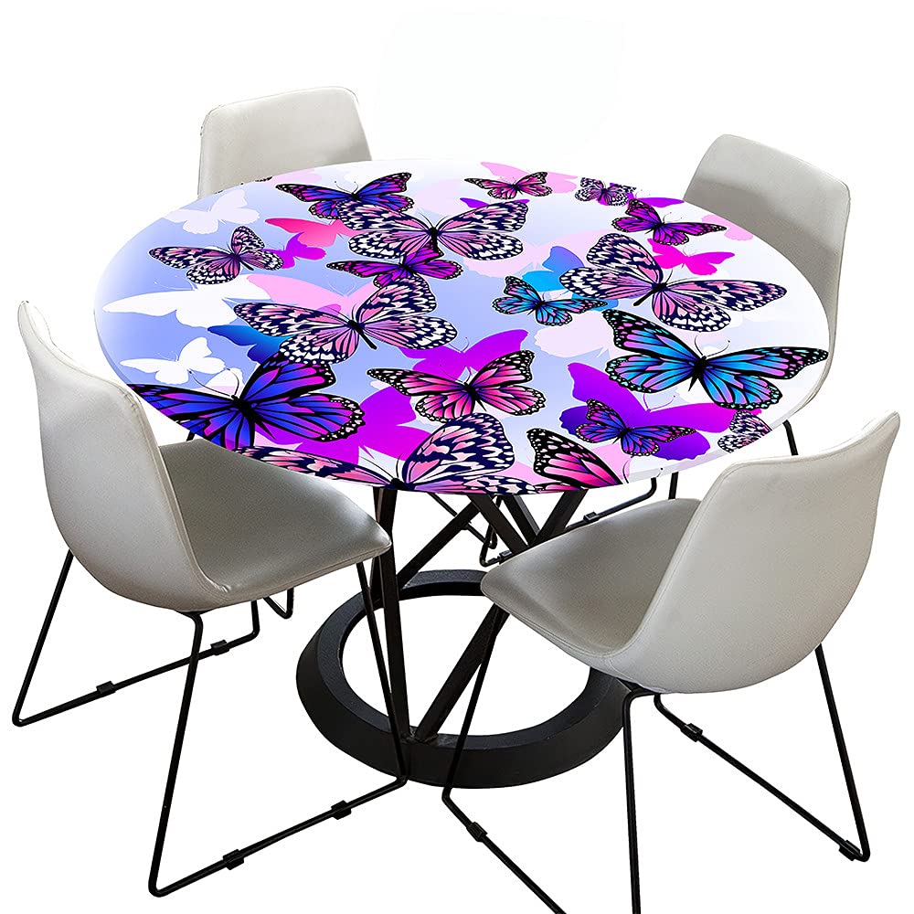 Treer-Shop Purple Round Tablecloth Fitted Elastic 3D Table Cloth, Treer Waterproof Dust-Proof Wipeable Polyester Table Cover Elastic Edge Butterfly Print Tablecloths For Kitchen Party Outdoors (,Round 90Cm)