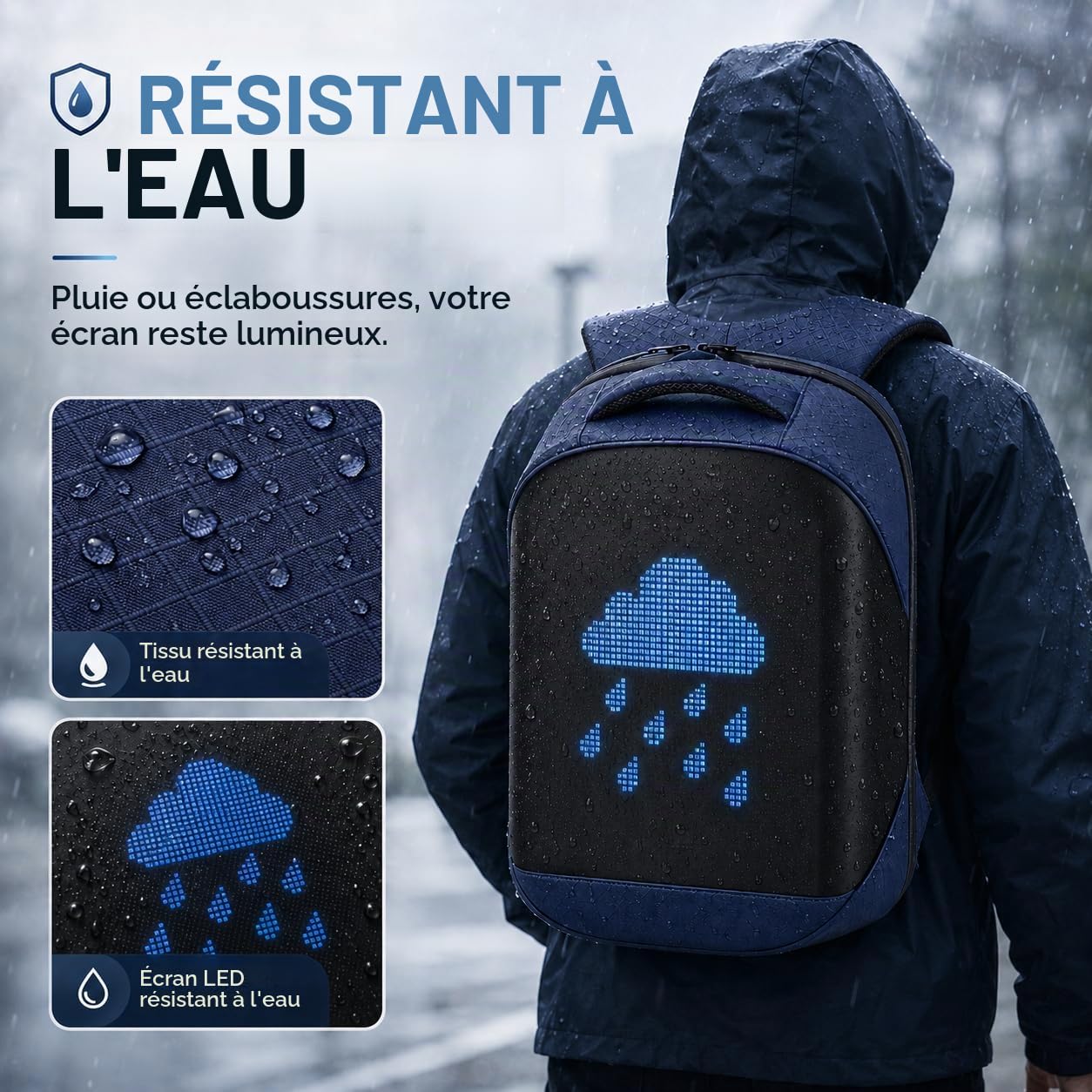 Sac à dos avec écran programmable, Sac à dos pour ordinateur portable avec contrôle APP, Étanche, Voyage, Sac pour moto,bleu(Pas de banque d'alimentation incluse)