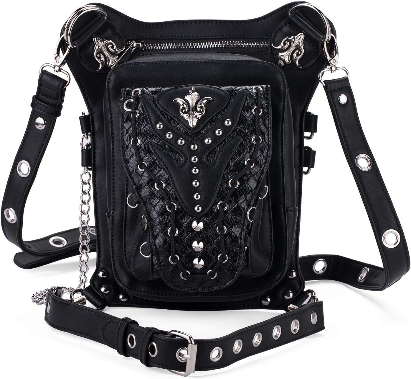 Cook shark Cestlafit Women Men Leather Steampunk Bag Vintage Shoulder Steampunk Handbag Gothic Waist Packs Leg Bag, Fleur de Lys & Diamond Texture, CFB004-6