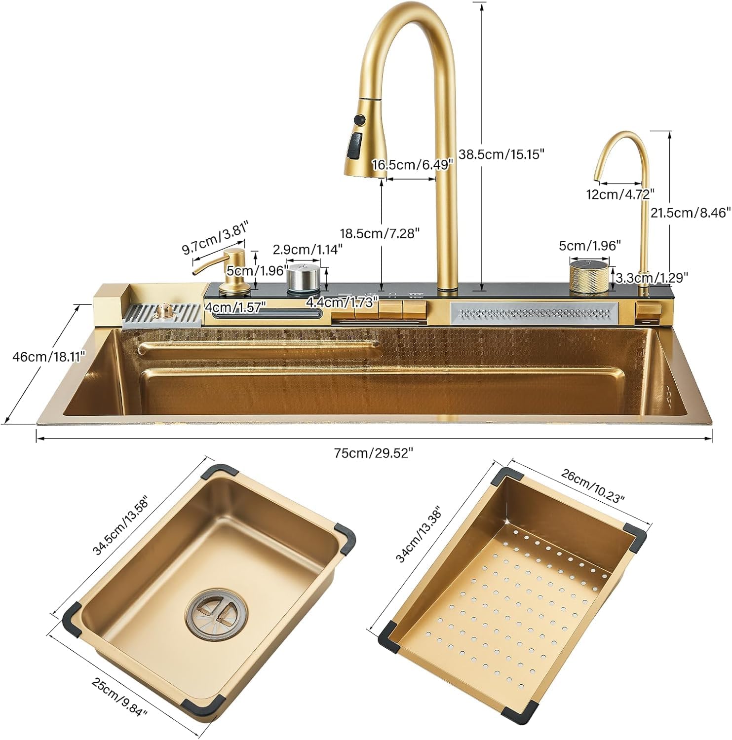 Deluxe Smart Waterfall Kitchen Sink Digital Display Single Bowl Stainless Steel Kitchen Sink Modern Multifunctional Farmhouse Sink With Pull-out Faucet (Brushed Gold, 29.6 * 17.7in)