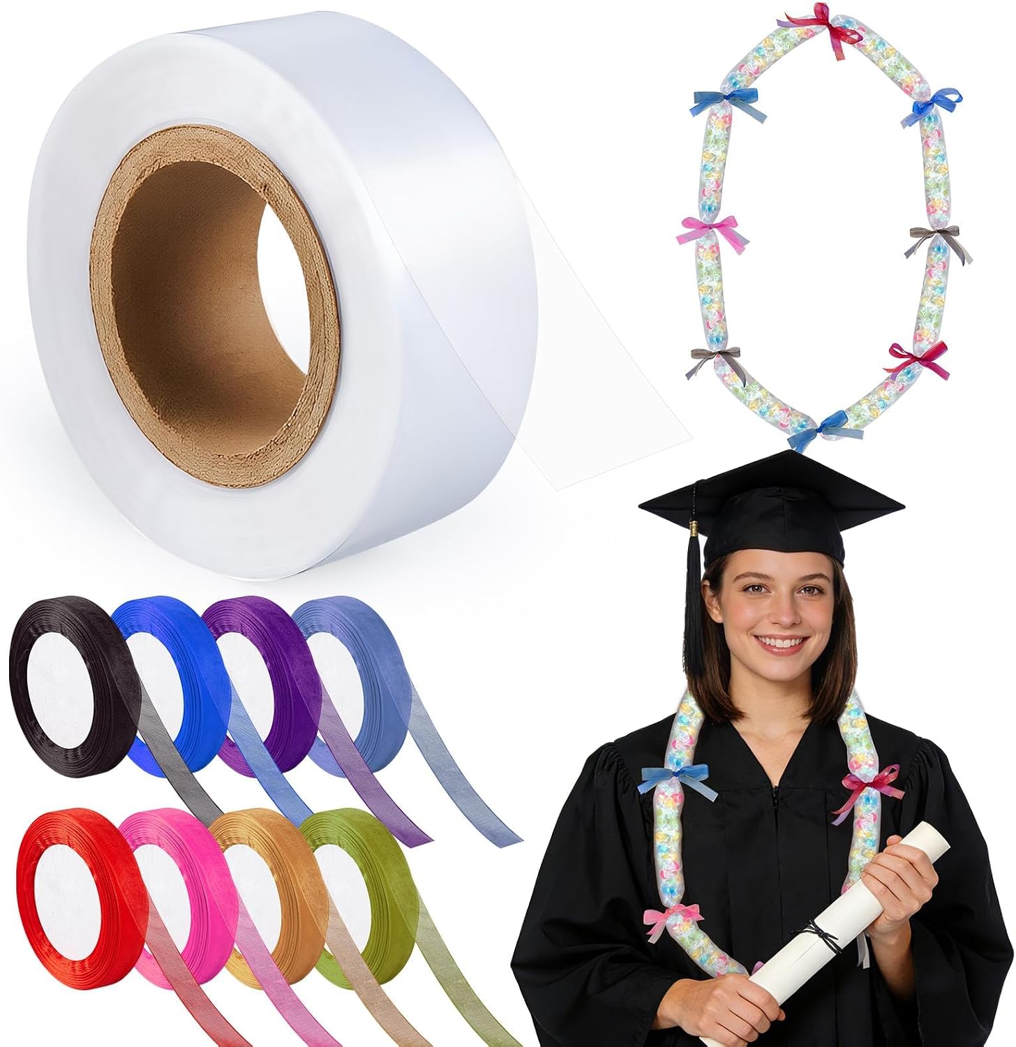 2 inch x 787 ft Candy Lei Poly Tubing with 288 yd Organza Ribbon, Clear Graduation Candy Lei Making Kit with Plastic Poly Tube 8 Rolls Ribbon for DIY Graduation Decor Snacks Wrapper