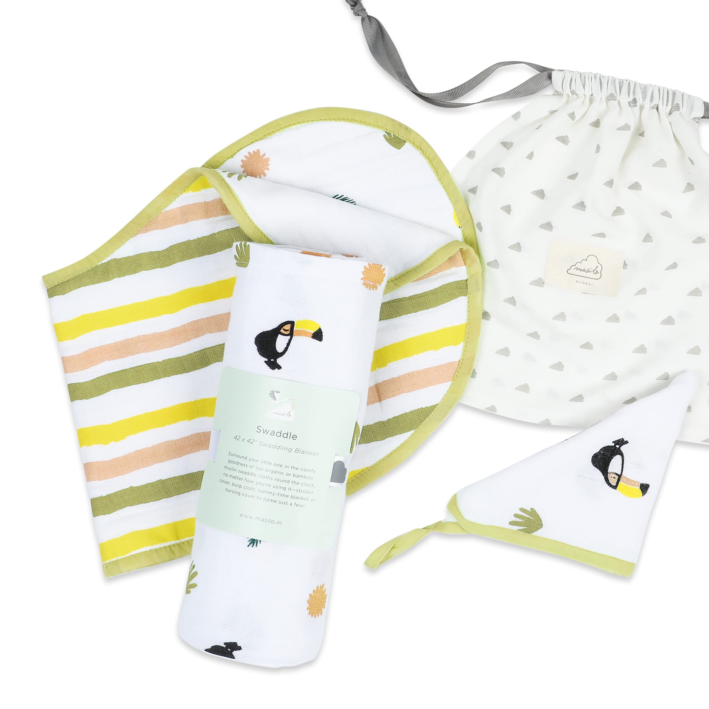 Masilo Organic Cotton Newborn Mini Gift Set/Includes Swaddle-Burp Cloth & Bib-Washcloth/Perfect New Baby Essential Set/Complete Pack for Daily Use/Gifting for New Moms/Toucan-Yellow-image-37