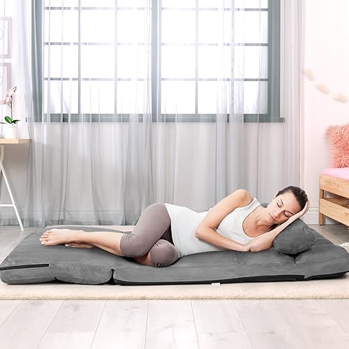 Miniatura 13 de KOMFOTT Sofá cama ajustable de suelo, sofá cama plegable con respaldo de 6 posiciones y 2 almohadas, sofá futón convertible con funda de tela de
