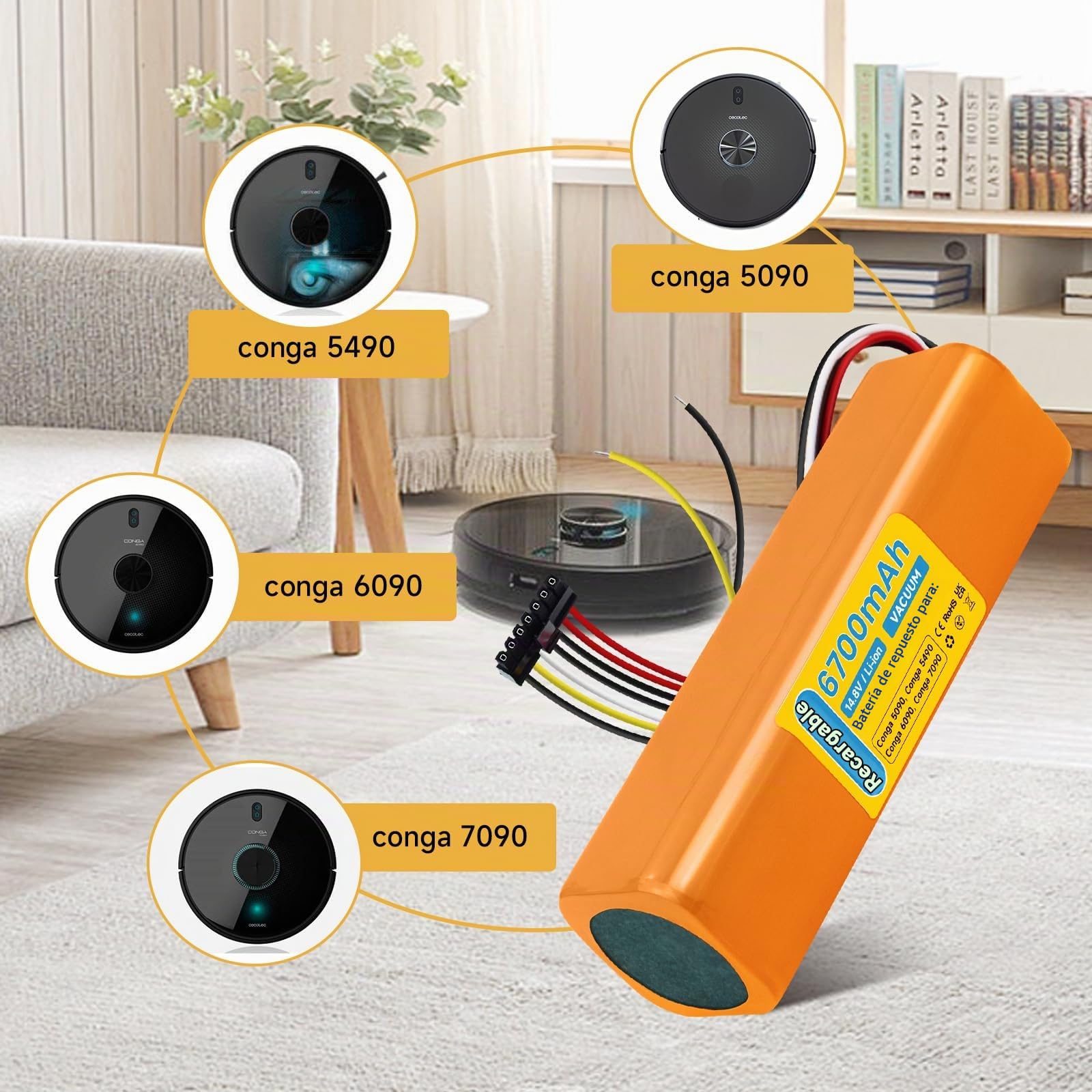 6700mAh/14.8 V Litio Batería de Repuesto para Cecotec Conga 5090 5490 6090 6490 7090 IA, Bateria Alta Capacidad Larga duración, facilitar el reemplazo