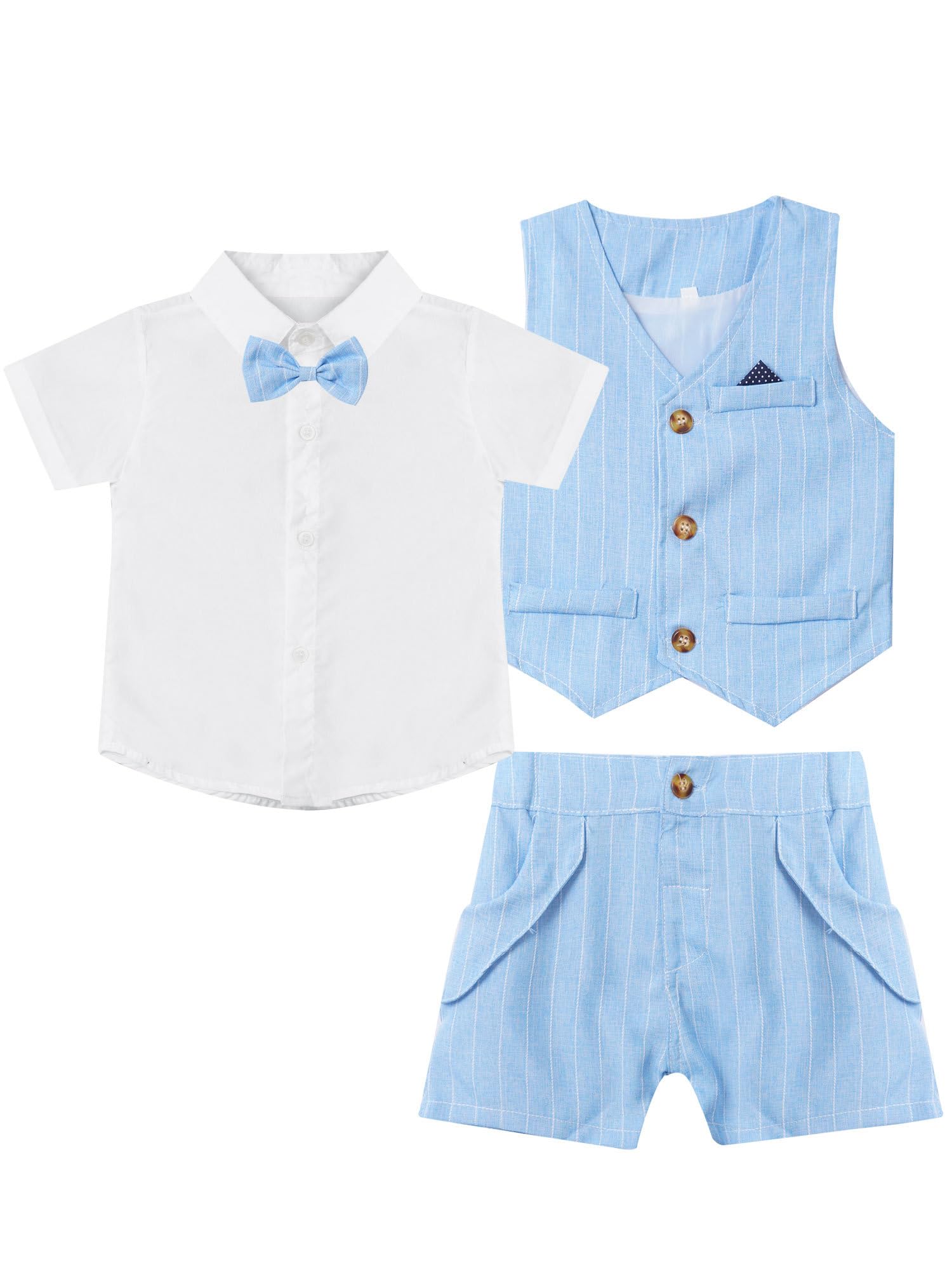 Freebily Traje Conjunto de Niños 3 Piezas Elegante para Ceremonia Traje Formal con Manga Corta + Chaleco + Pantalón Corto Traje de Bautizo Bebé Niño