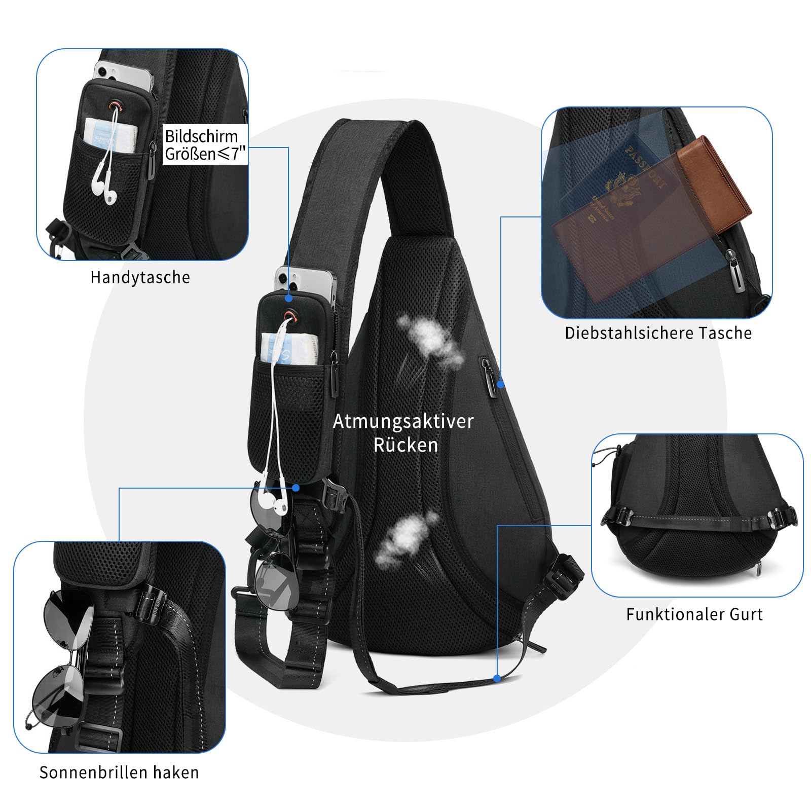 TUDEQU Sling Bag Herren Groß,8 Pockets Schulterrucksack Herren,19L Sling Rucksack Herren,Umhängetasche Herren,Schultertasche