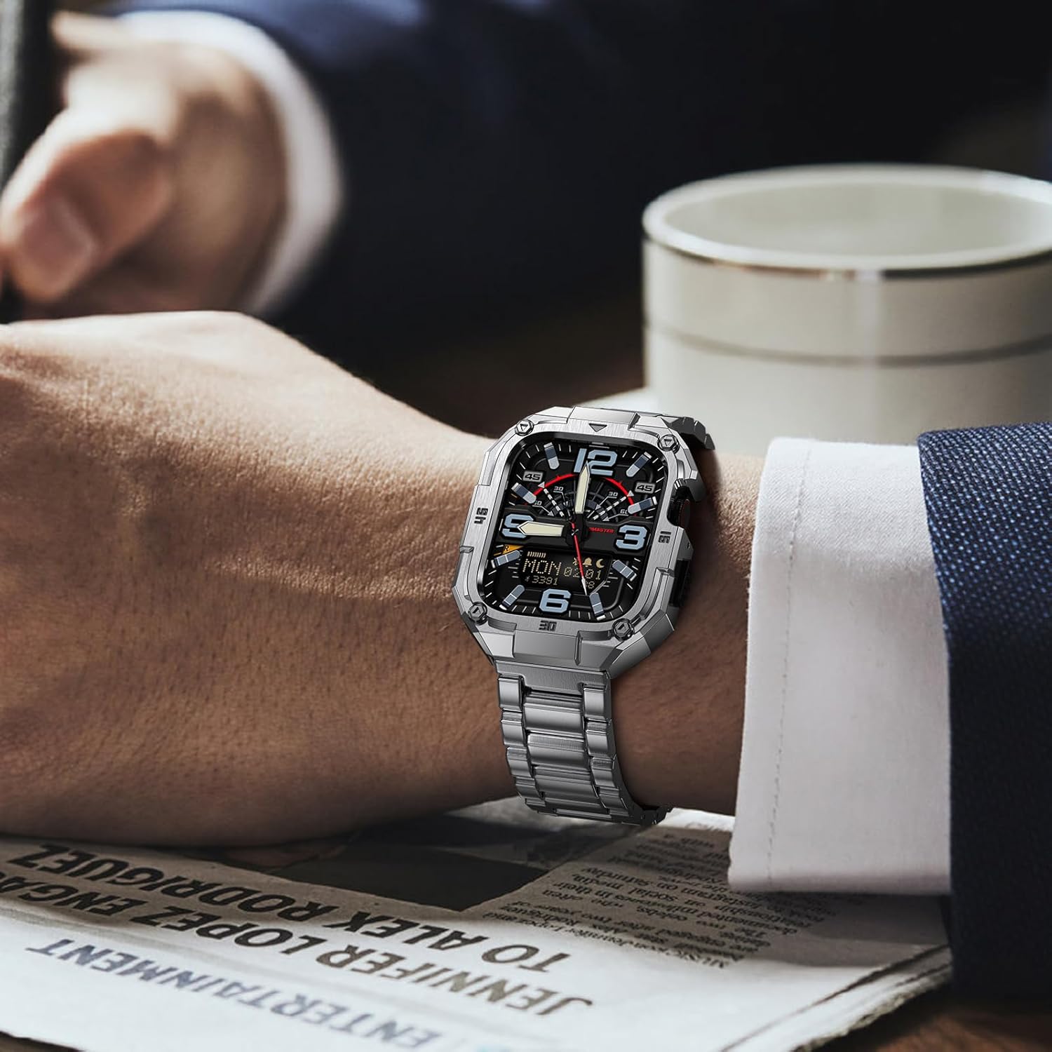 ELECTIM Metal Band with Case Compatible with Apple Watch 45mm Band, Rugged Stainless Steel Strap with Protective Bumper Cover for iWatch Series Series 9 8 7 Men Watch Strap Replacement. - Image 8