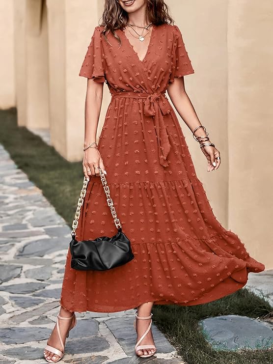 Boho Swiss Dot Maxi Dress | Flowy Wrap Dress for Women | V-Neck Flutter Sleeve