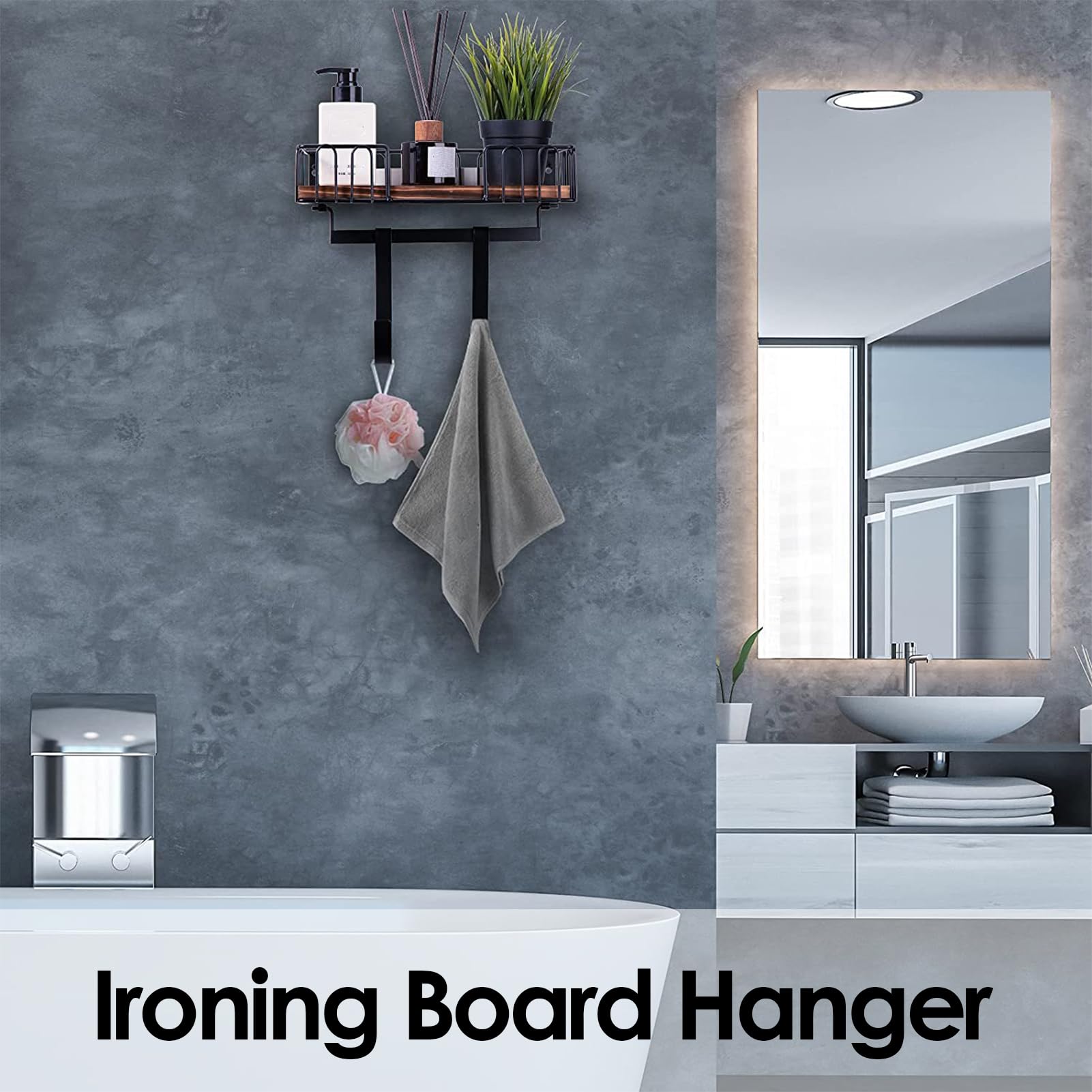 Appendiabiti per asse da stiro, mensola per la colazione, montato sulla | Parete, cestino in legno rustico, organizer con gancio regolabile, forchetta per asse da stiro, design alla moda