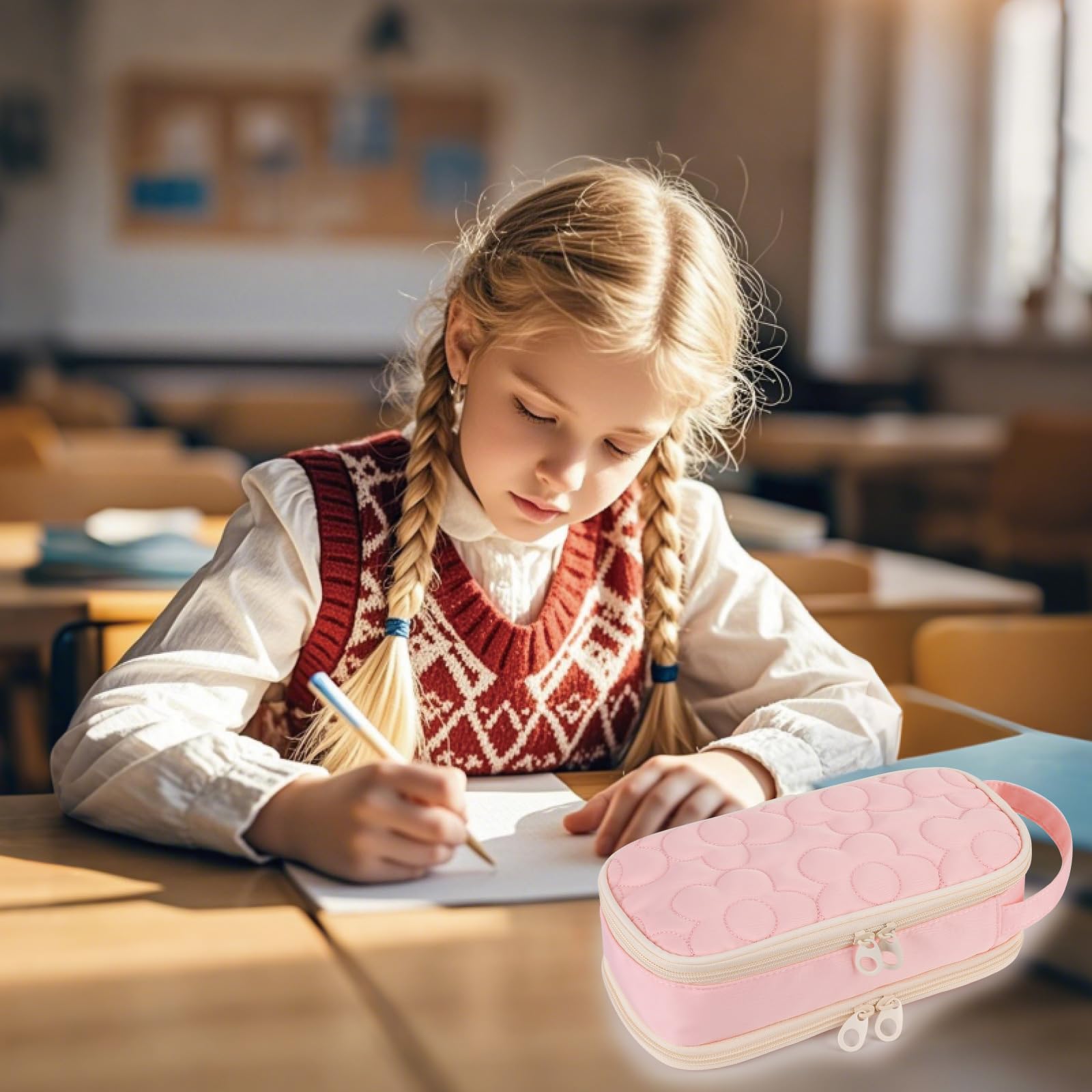 Bunnychic Pencil Case for Girls,Flower Quilted Large Capacity Pencil Pouch with 2 Compartment, Zipper Pencil Bag with Handle - Image 2