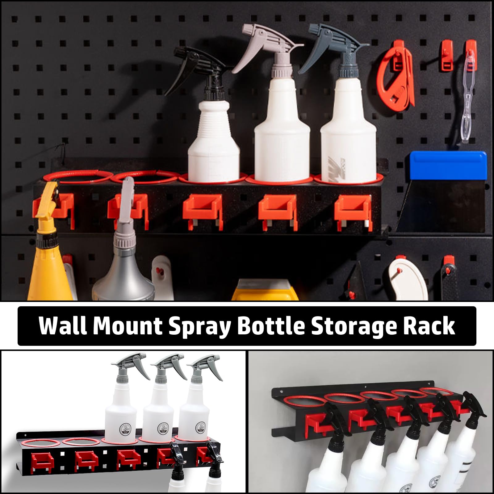 Support mural pour bouteilles pulvérisateurs - Organiseur de garage - Barre de suspension - Accessoires de salon de beauté de voiture - Porte-outils de nettoyage et de détail avec 5 crochets