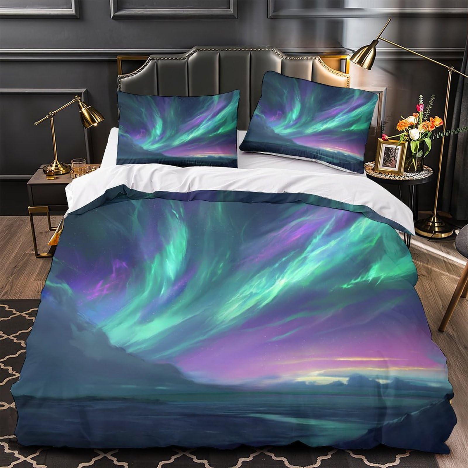 Housse de couette 135x200 aurores boréales lit simple microfibre fermeture éclair 3D