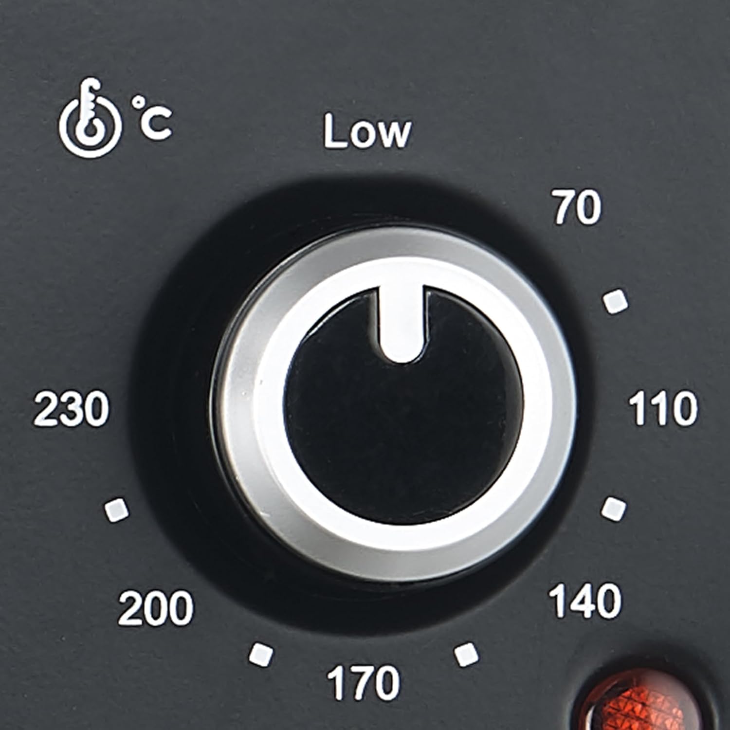Close-up of the temperature control dial on the Mellerware Horizon 30 Mini Oven, showing settings from Low to 230 degrees Celsius.