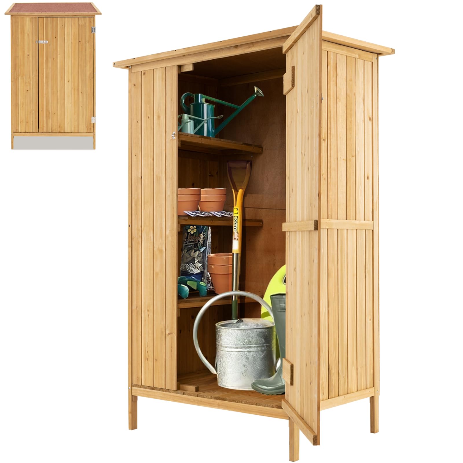 GiantexUK Wooden Garden Shed, Tool Storage Cabinet with 3 Shelves, 5 Hooks, Asphalt Sloped Roof & Lockable Door, Outdoor Tall Vertical Tool Shed Organizer, 91 × 66 × 150cm, Natural