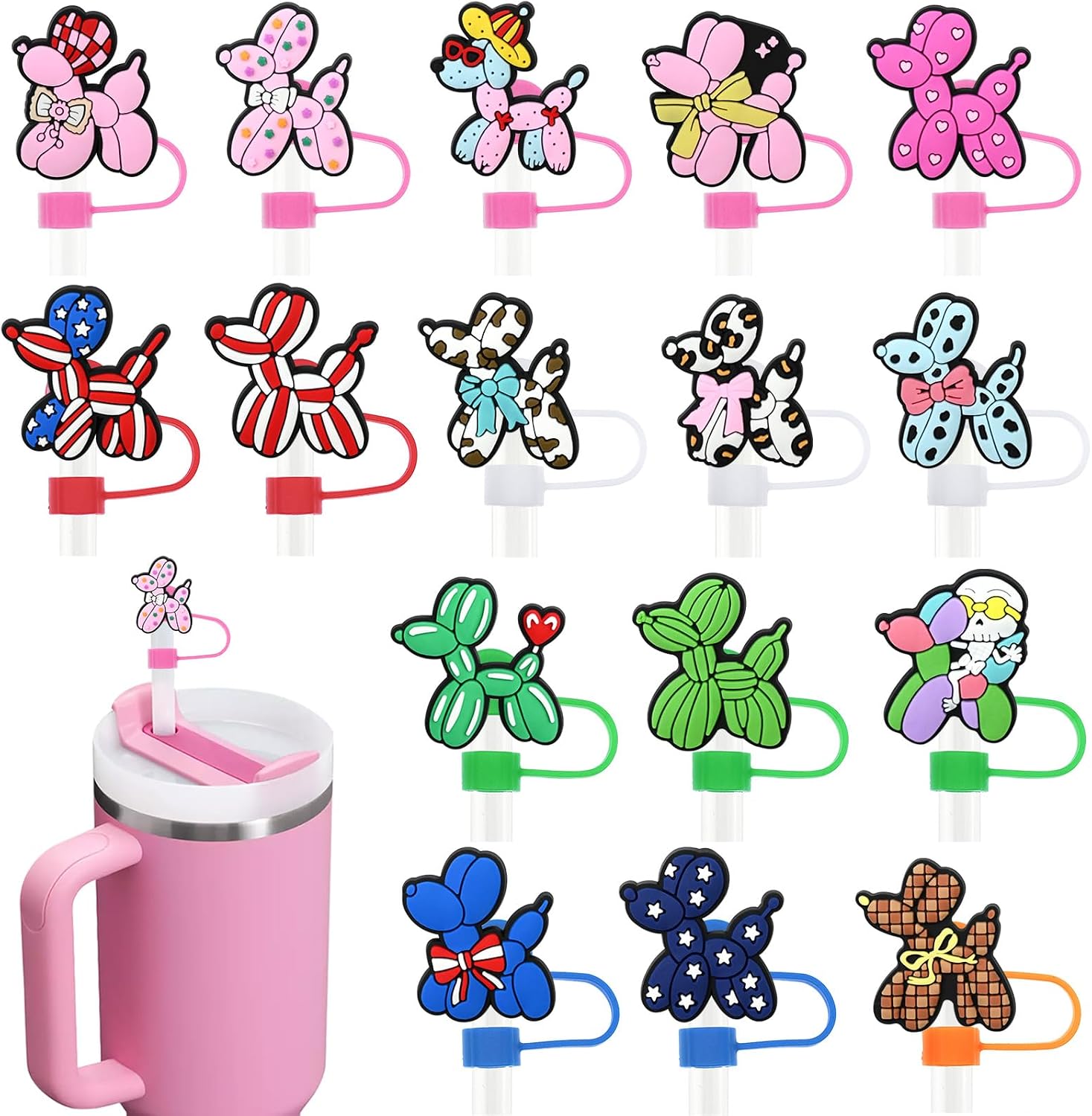 16 PCS Balloon Dog Straw Covers Cap for Tumblers,10mm 0.4in Straw Topper for Stanley Cup 30&40oz Stanley Cups Accessories Gifts For Women Party Favors
