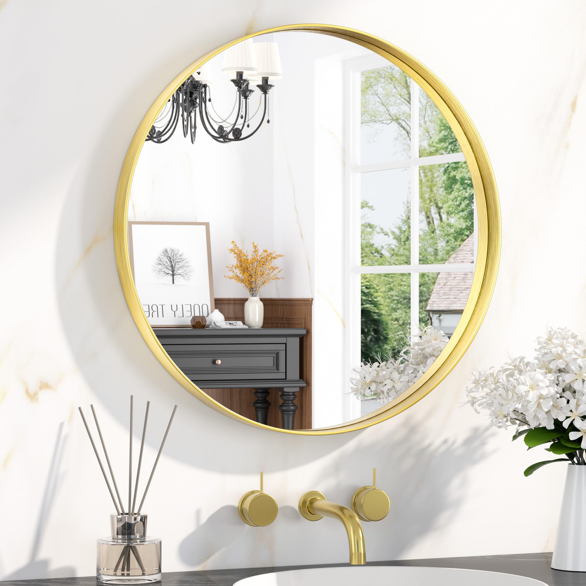 Keonjinn 60cm Gold Round Bathroom Mirror Wall Mounted, Aluminium Metal Frame Wall Mirror HD Glass Vanity Mirror for Bedroom Living Room Entryway Home Decor