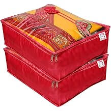 atorakushon 2 Piece Fabric Satin Saree Cover Clothes Storage Bags Set With Transparent Window Extra Large Wardrobe Garments Organizers Maroon