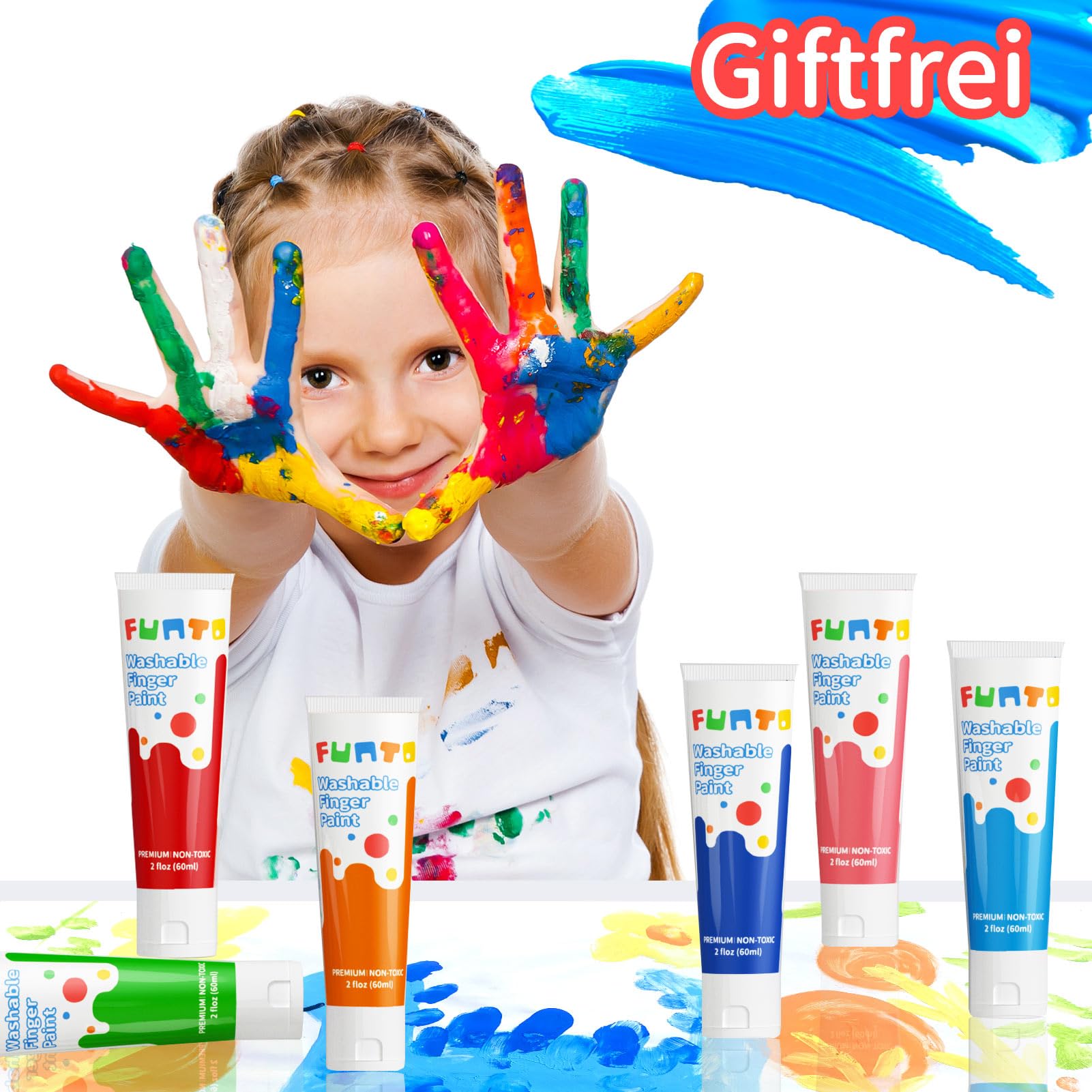 Funto Fingerfarbe für kinder, 10 x 60ml, Art Fingermalfarben, Auswaschbar, Ungiftig, Sicheres Malzubehör für Kinder