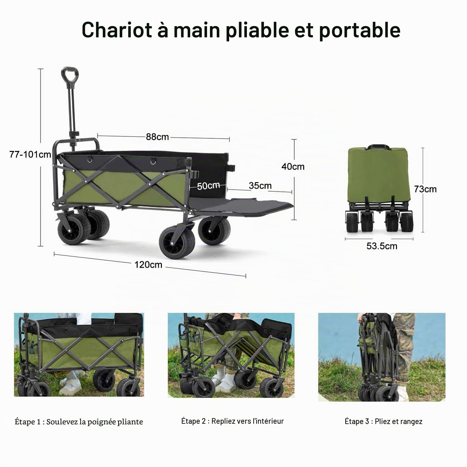 Chariot de transport pliable de 230 l avec grande capacité et hayon ouvert, charge maximale : 200 kg, avec roues tout terrain, cordes