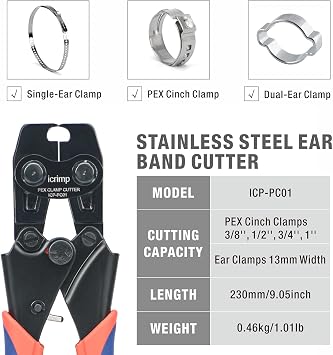 ICrimp ICP-PC01 PEX Cinch Clamp Removal Tool | for Removing 3/8-in, 1/2-in, 3/4-in, 1-in ASTM F2098 Stainless Steel Pinch Clamps and up to 13mm Wide Ear Clamps