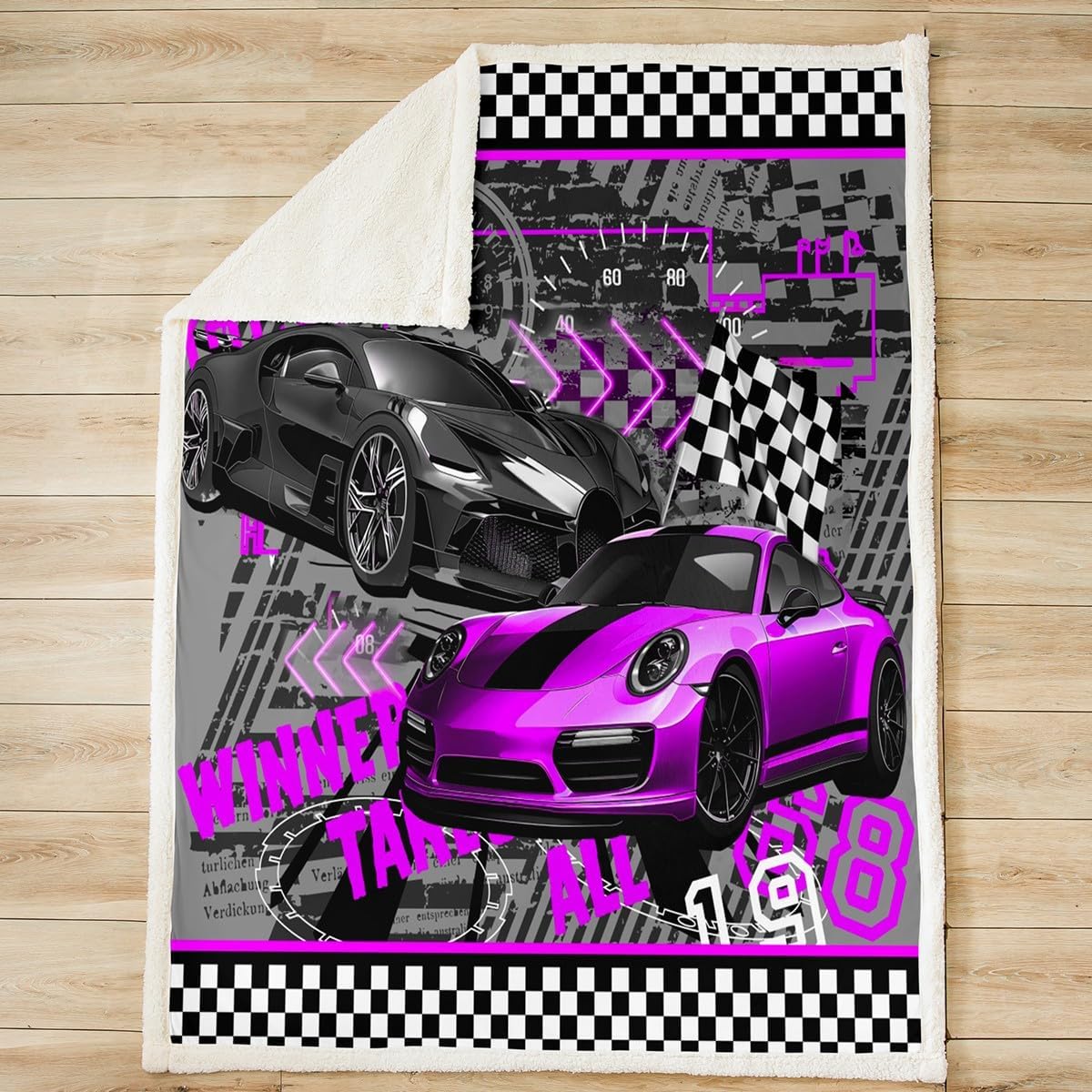 Purple Race Car Bed Blanket Kids Girls Extreme Sports Sherpa Blanket Soft Cozy Lightweight Black White Grid Plush Fleece Cool Cars Blanket Gifts for Bed Chair Office Sofa(Throw 50"x60")