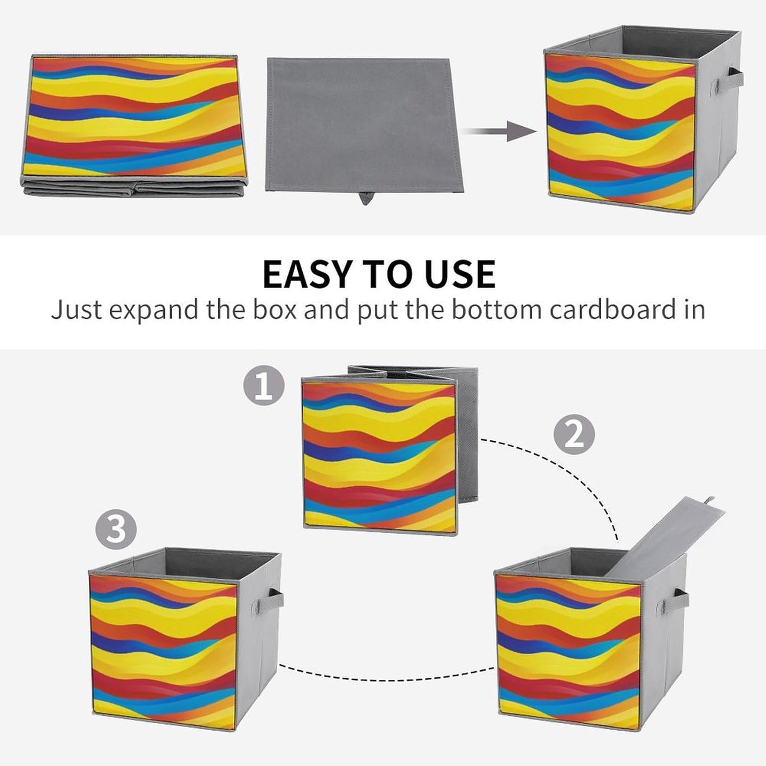 Colorful Waves Foldable Storage Box with Handles, Durable Oxford Storage Cubes, 6PCS Collapsible Closet Organizer for Home, Shelf, Office, Travel