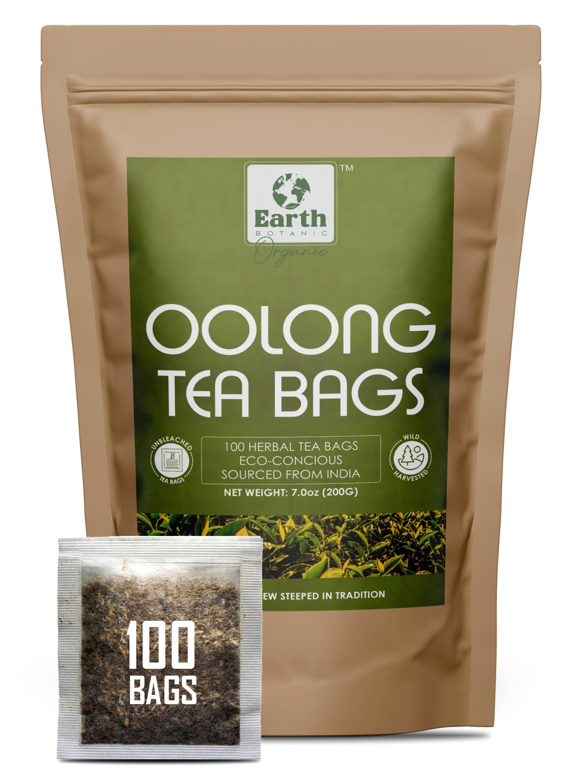 Earth BOTANIC Organic Oolong Tea Bags - Eco-Conscious Tea Bags in Kraft Bag - 100 Tea Bags - Sourced From India