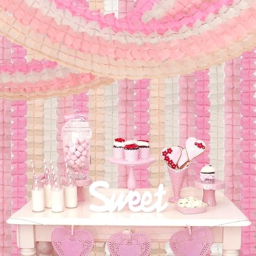 Miniatura 6 de Guirnalda de serpentinas para decoración de fiesta de durazno rosa y blanco  157 pies para el día de San Valentín, cartel colgante de trébol de