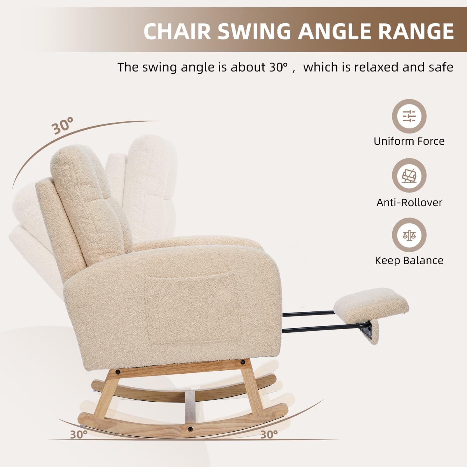 KOMHTOM Fauteuil à Bascule avec Repose-Pieds Escamotable, Rocking Chair en Velours Teddy, Structure en Bois, Poche de Rangement Latérale, pour Salon et Chambre à Coucher