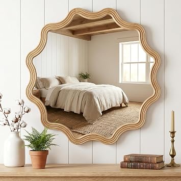 Round Wood Mirrors for Wall Decor 31.5 Circle Wavy Mirror