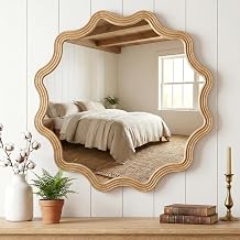 Round Wood Mirrors for Wall Decor 31.5" Circle Wavy Mirror | Decorative Scalloped Mirror with Wooden Frame for Living Room, Bedroom, Bathroom, Entryway, Hallway, Nursery Natural