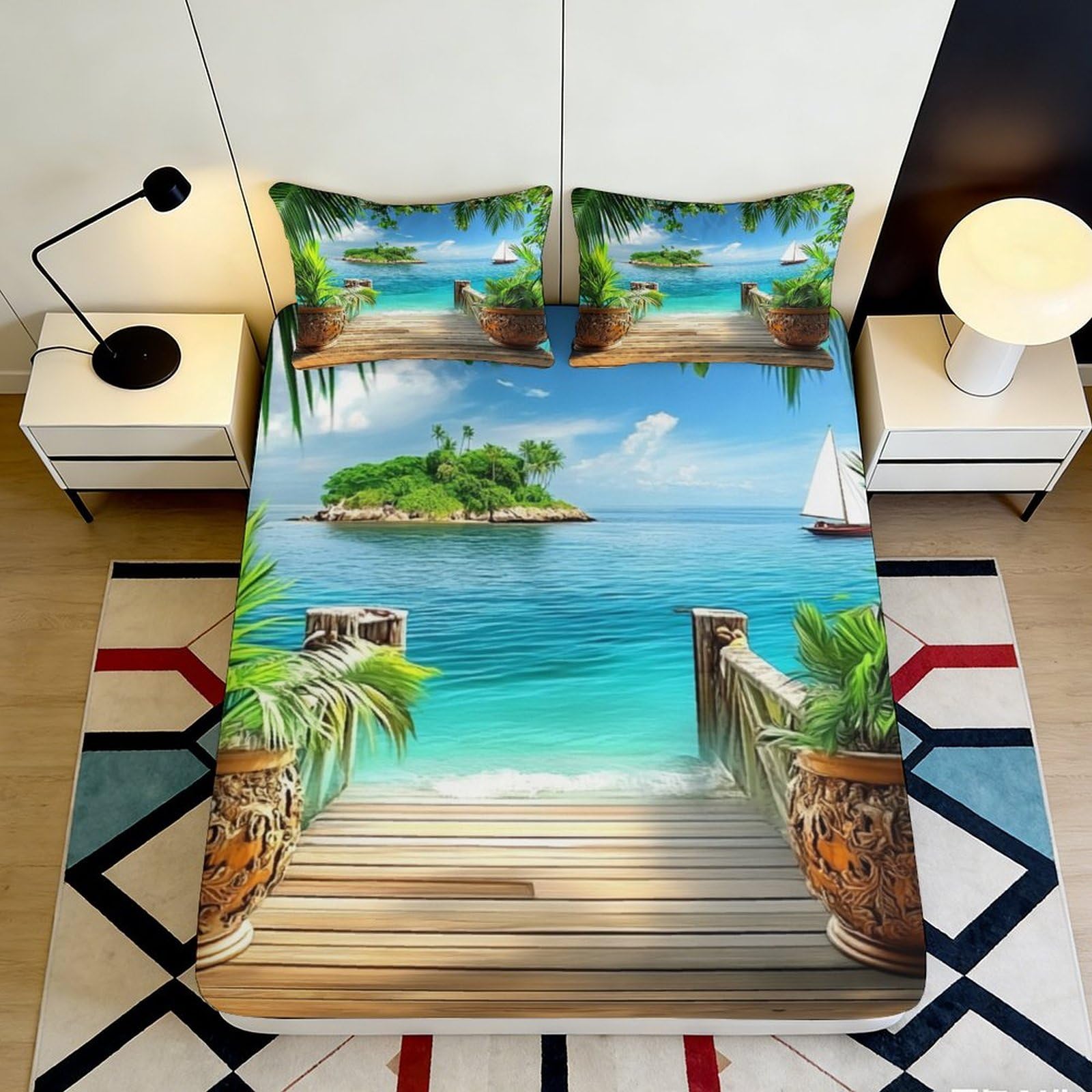 3D Printed Tropical Island Fitted Sheet Microfiber Soft Anti-Slip Ocean View Mattress Cover for Bedroom Decor 90x200x25cm