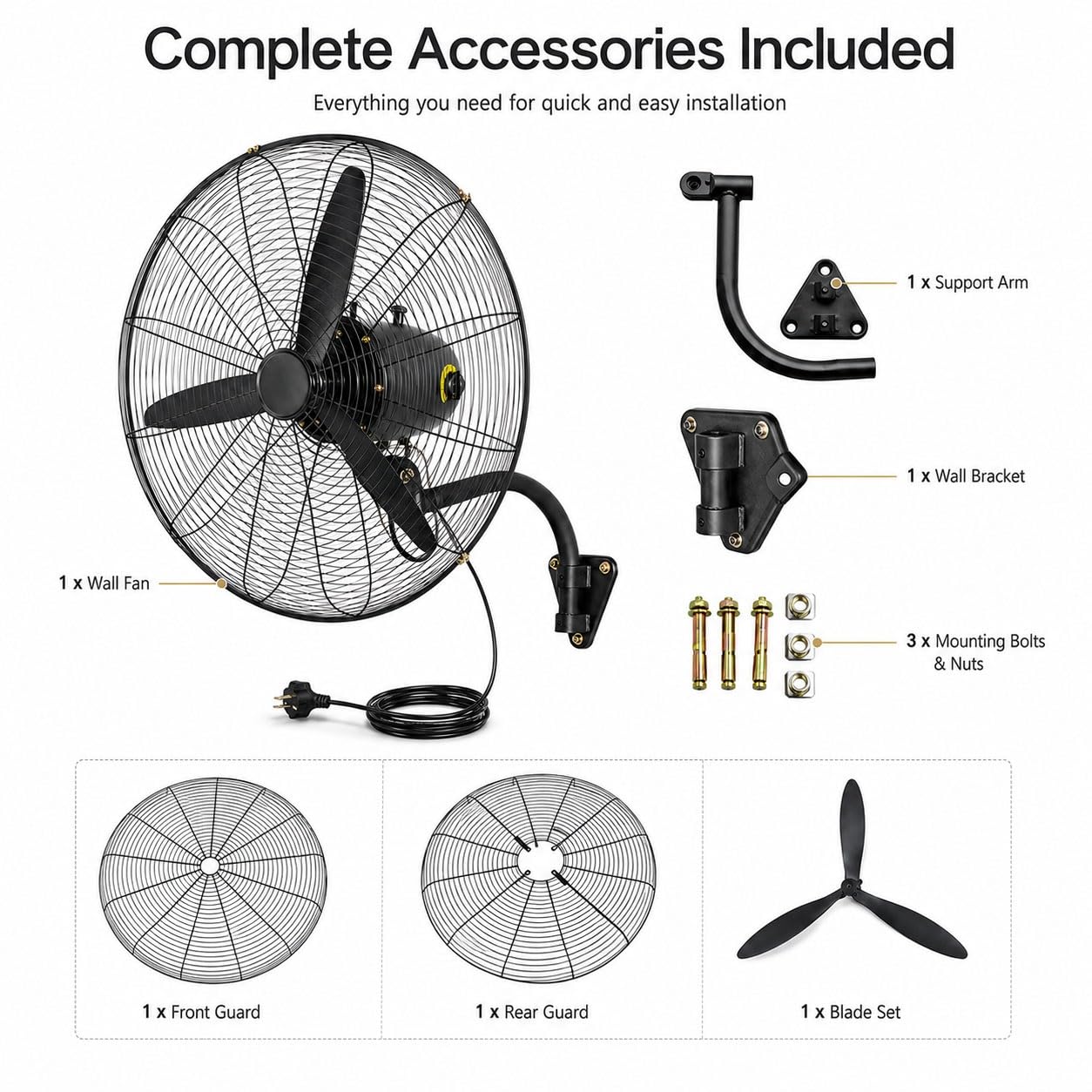 Ventilatore Industriale da Parete 55/70/80 cm, Oscillante, 3 Velocità, Nero | Grande, Motore in rame, metallica, cavo 3 m, per garage, officina, magazzino Palestra e Ristorante(70cm/27inch)