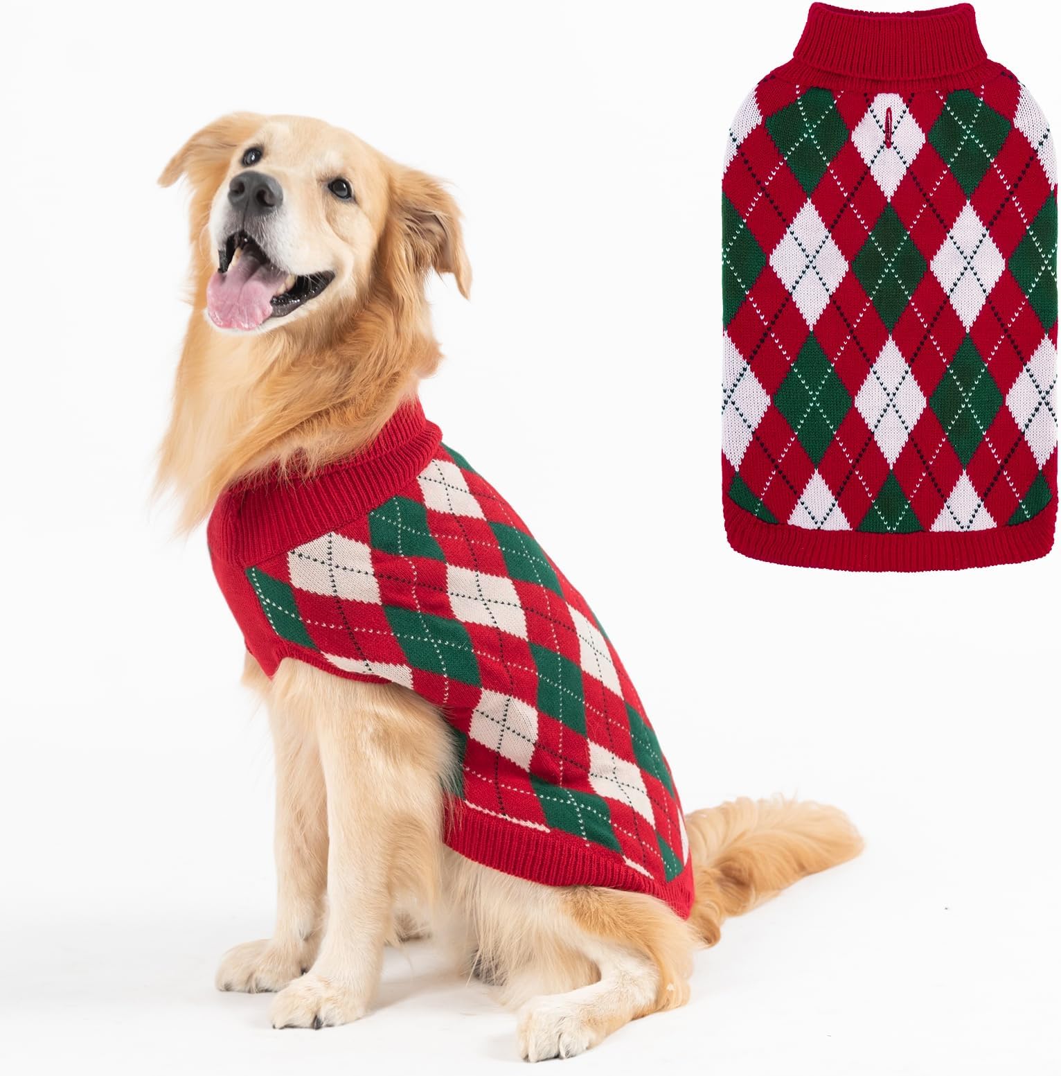PAWCHIE Dog Sweater for Medium Dogs, Classic Knit Turtleneck Cold Weather Dog Sweaters, Soft Plaid Pullover Knitwear Stretchy Pet Winter Warm Clothes, Holiday Pet Coat for Girls Boys, Red M
