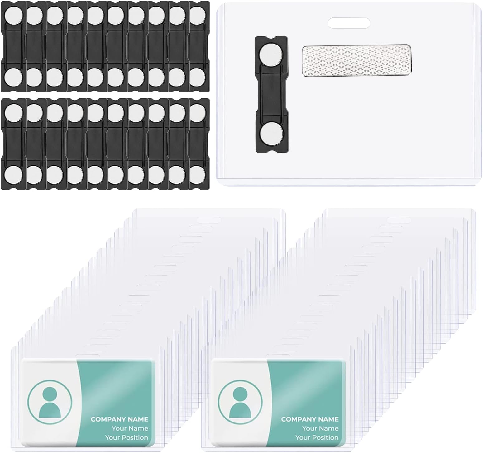 50 Pack 3โx2โ Clear Plastic Magnetic ID Card Holder Kit Horizontal ID Card Tags Name Badge Magnets Clear Vinyl Magnetic Badge Holder Reusable Waterproof for Office Depot School Hold 3โx2โ Card