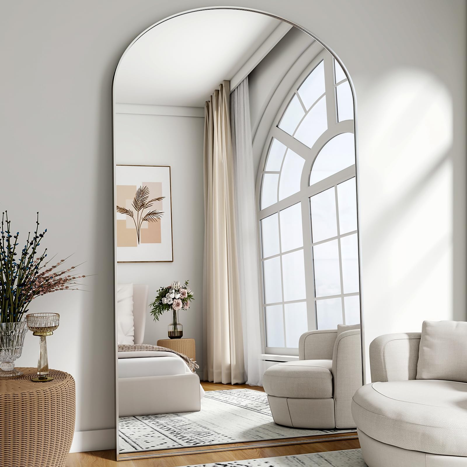Oversized Full-Body Mirror, 77" x 38" Arched Full-Length Mirror, Silver Metal Frame, Floor Mirror for Bedroom, Living/Dressing Room, Gym - Stand/Wall Mounted/Leaning