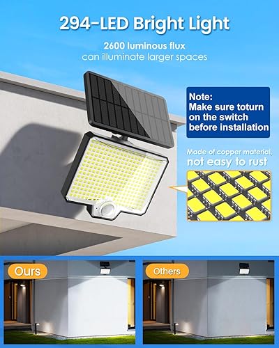 Miniatura 2 de AUDERWIN 294 luces LED solares con sensor de movimiento para exteriores, 7500 K, 2600 lm, luces de inundación solares IP67, impermeables, para