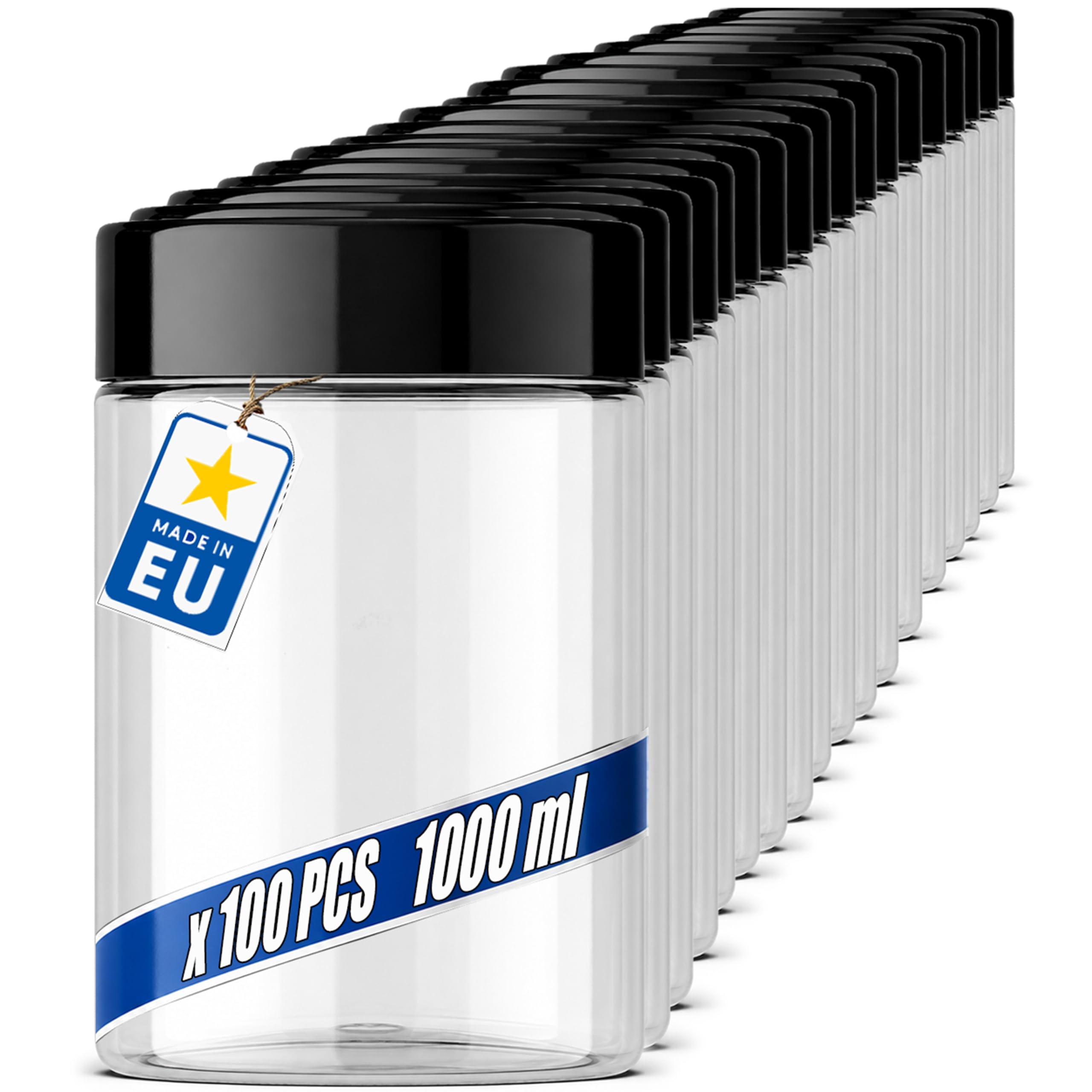 POSH Barattoli ermetici, 100 x 1 l, in PET per uso alimentare, con coperchio a vite nero, contenitori in plastica trasparente con coperchio, per farina, caffè, tè, barattolo rotondo in plastica