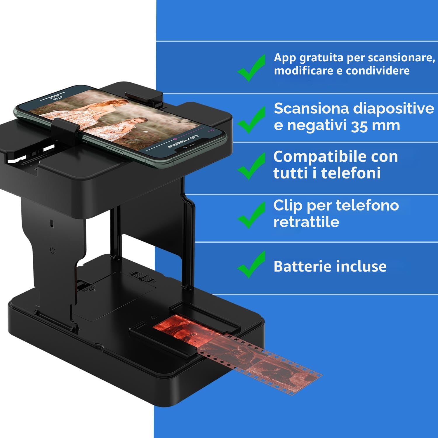 Scanner di film mobile 35 mm per digitalizzare diapositive e negative con smartphone