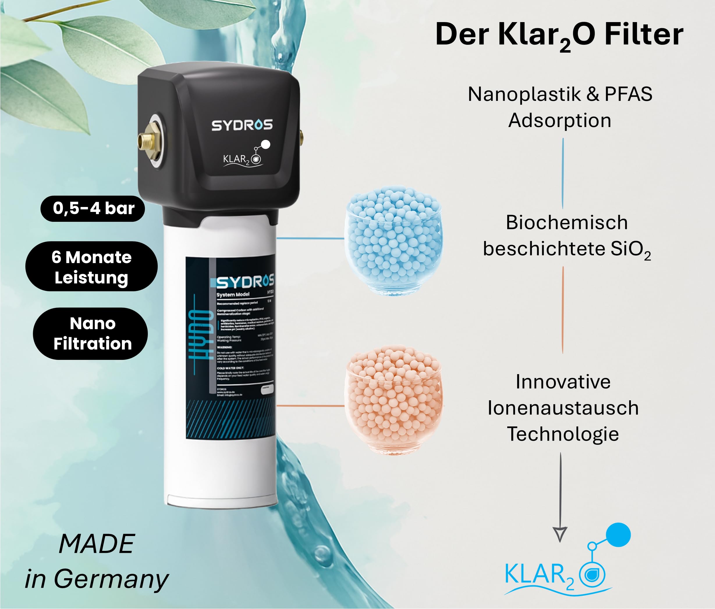 Sydros Hydo Wasserfilter – filtert über 500 Schadstoffe inkl Mikroplastik, Chlor & PFAS + Re Mineralisierung für reines & gesundes Trinkwasser, 3-Stufen Filter