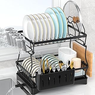 Dish Drying Rack, 2-Tier Dish Drying Rack with Drainboard Set, Black Metal Dish Rack Plate Rack for Kitchen Counter, Dish Drainer with Utensil & Cutlery Holder - Space-Saving Organizer for Countertop