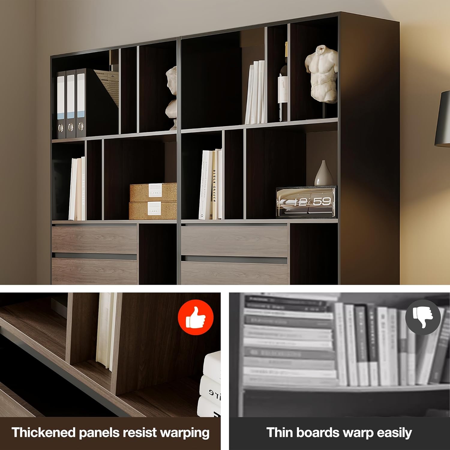 70.8 Inch Book Shelf with 2 Storage Drawers Modern Storage Bookcase Large Display Stand for Home Office Living Room Bedroom Walnut