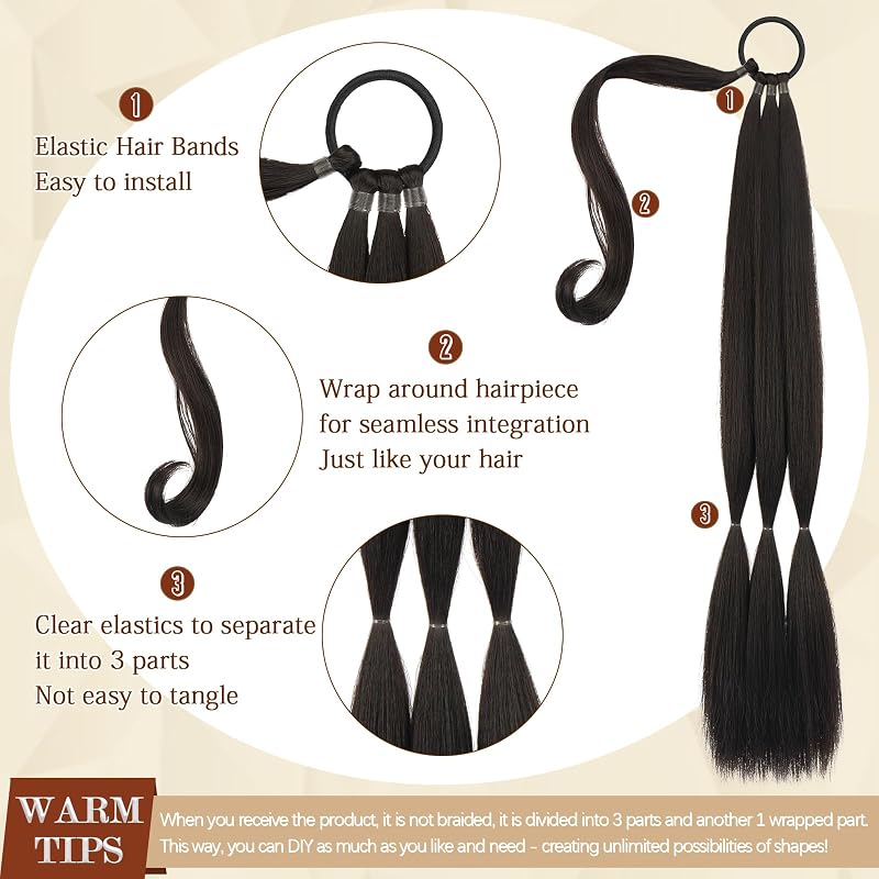 Extensie de coadă de cal împletită Sofeiyan cu elastic, lungă, 66 cm, meșă sintetică cu aspect natural pentru femei