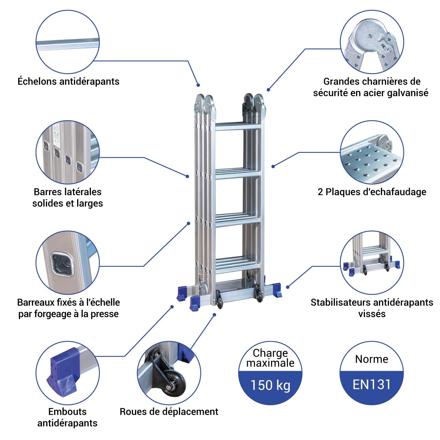 HOSTRÖM Echelle pliante articulée STAVALANCE 4x4 marches, echafaudage multifonction, escabeau, 2 plaques plateforme de travail, Garantie 5 ans