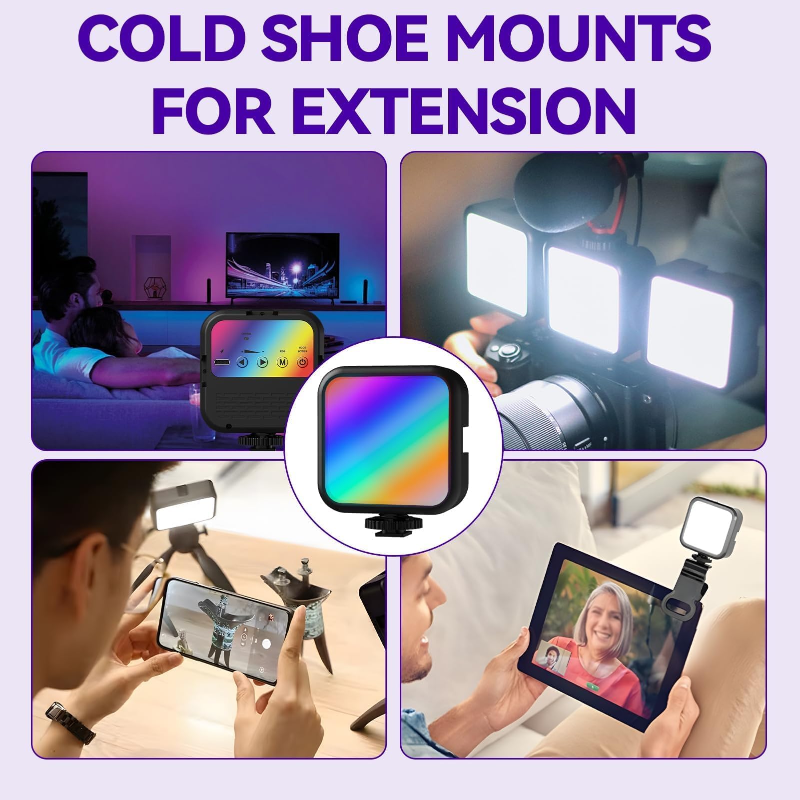 Luce Video RGB Ricaricabile 4 Cold Shoe, CRI 90+ 20 Modalità Scena 3000K-7000K 1800mAh, Led Fotografica Dimmerabile per Registrazione, Streaming Live e Microfilm