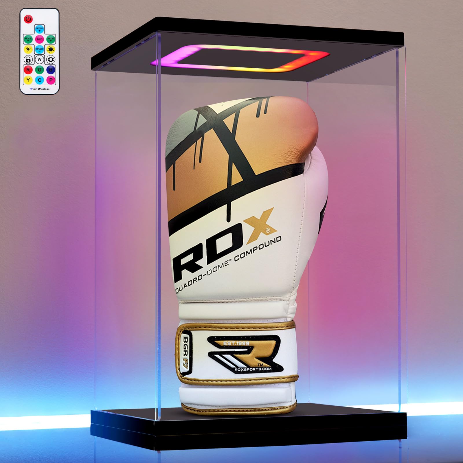 Boxing Glove Display Case with Light, Multiple Color Lights Dustproof Protection Boxing Glove Showcase for Collectibles Memorabilia Storage（8.6×7.9×13inch）