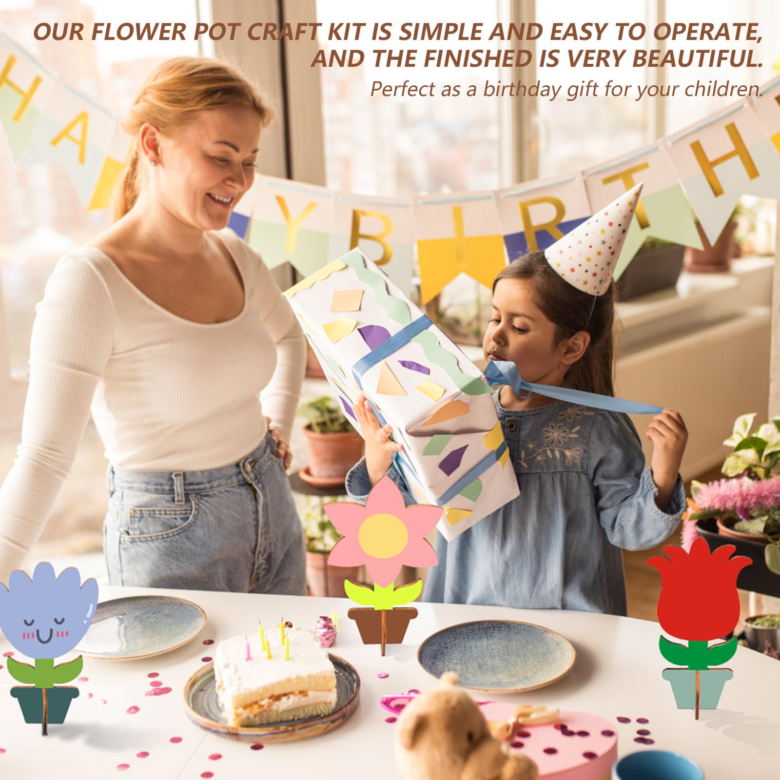 QITIXI:OU Set 12 Fiori In Legno Da Dipingere 3D – Kit Creativo Per Bambini Con Acquerelli, Adesivi E Glitter, Decorazione Fai Da Te