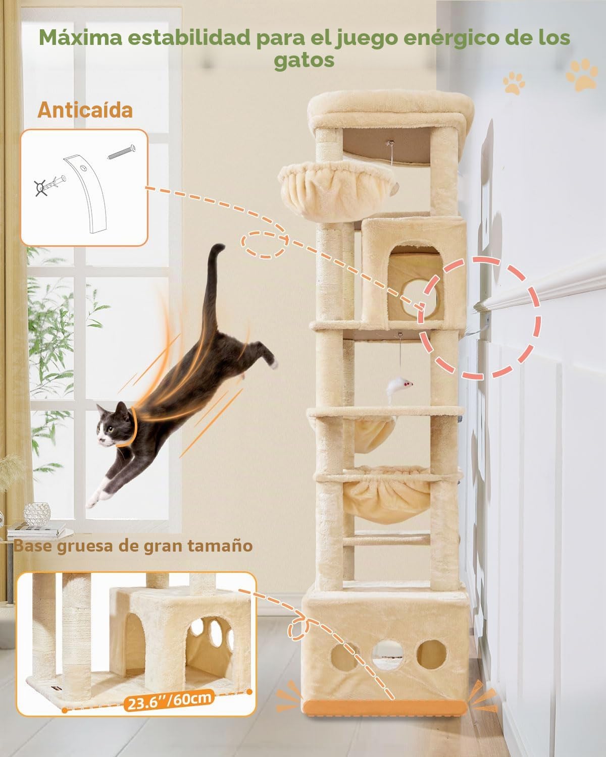 Taoqimiao Rascador para Gatos Grandes, 183cm Arbol Rascador para Gatos com 2 Espacioso Cuevas, 2 Cesta, 7 Poste de Sisal, Hamaca,F20M Beige
