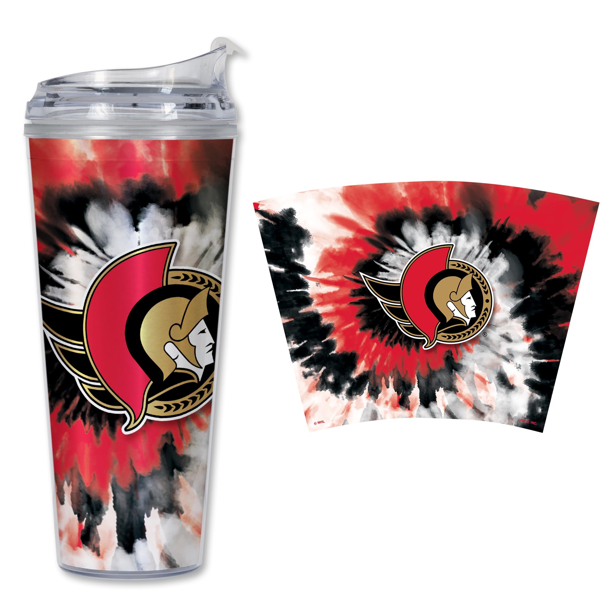Rico Industries NHL Hockey Team Color Tie Dye 24oz Metallic Acrylic Tumbler with Hinged Lid, Officially Licensed Double Wall Tumbler with Straw